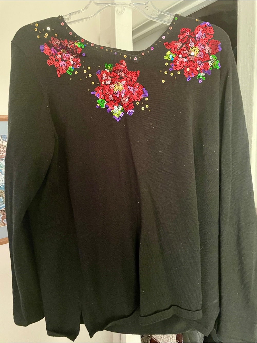 Quacker Factory Black Long Sleeve Sequins Top Size Medium